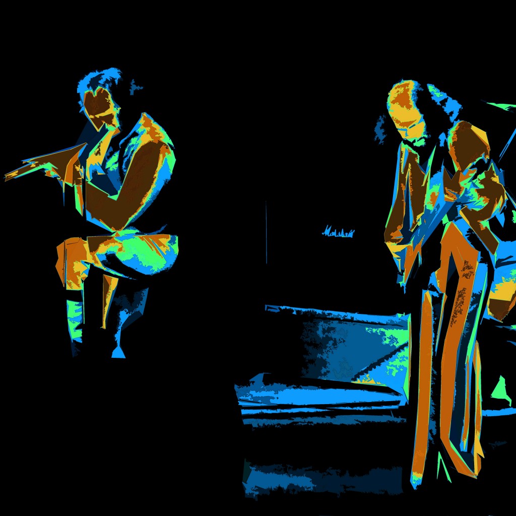 JETHRO TULL 2 IAN ANDERSON AND MARTIN BARRE OF JETHRO TULL PERFROMING IN PULLMAN, WA. ON 3-5-77. PHOTO ART BY BEN UPHAM. MAGICAL MOMENT PHOTOS.