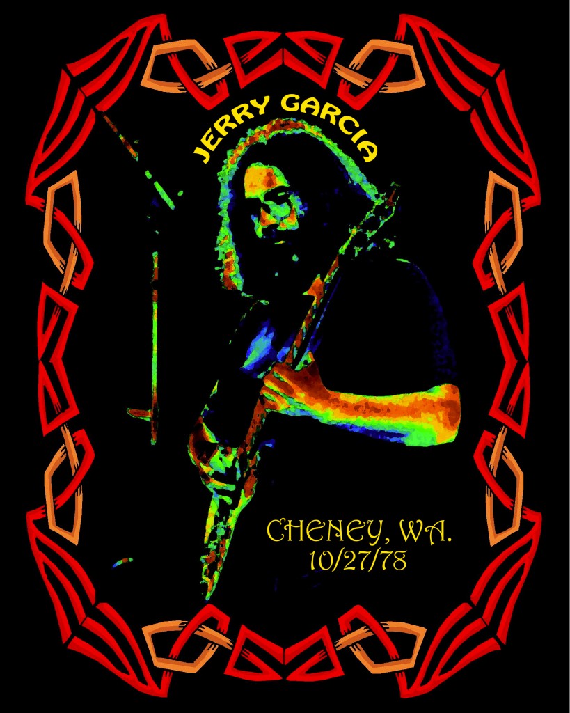 GRATEFUL DEAD 3 Jerry Garcia of the Grateful Dead performing in Cheney, Wa. on 10-27-78. Photo/Art by Ben Upham. Magical Moment Photos.